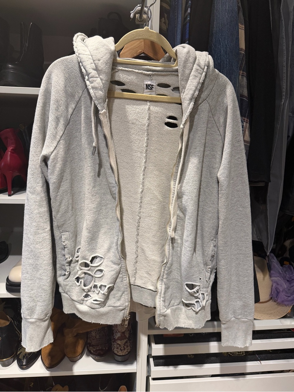 NSF Light Gray Distressed Zip Hoodie